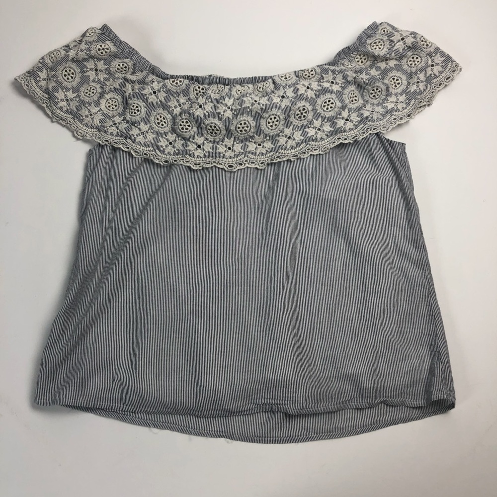 Blue Sky Off Shoulder Embroidered Eyelet Striped Top Size L